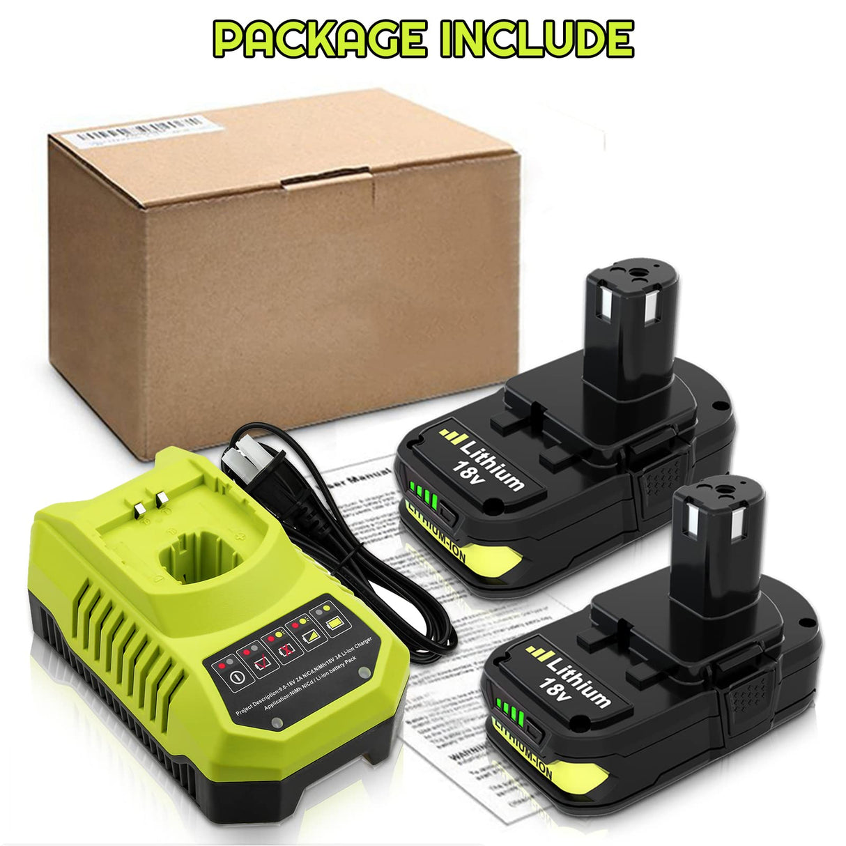 2-Pack 3.0Ah Replacement Battery and Charger Compatible with Ryobi 18V Lithium Battery P102 P103 P104 P105 P107 P109 P108 P190 P122 Boetpcr