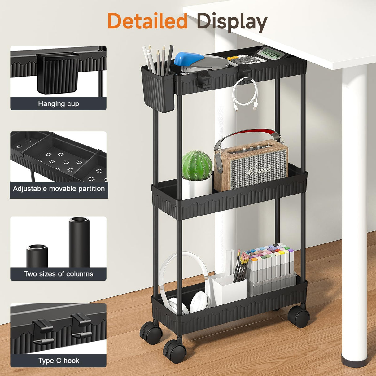 Sevenblue Slim Storage Rolling Cart with Wheels, 2 Pack 3 -Tier Rolling Cart Bathroom Organizers and Storage, Utility Cart for Laundry Room Organization, Bathroom and Kitchen Narrow Places, Black Sevenblue