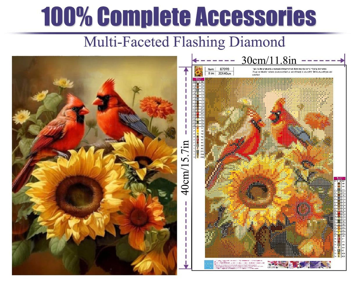 Diamond Painting for Adults Kits, 5D Cardinal Diamond Art Kits for Beginners, DIY Full Drill Sunflowers Diamond Gem Art Kits for Home Wall Decor 12x16 Inch Mrnsiet