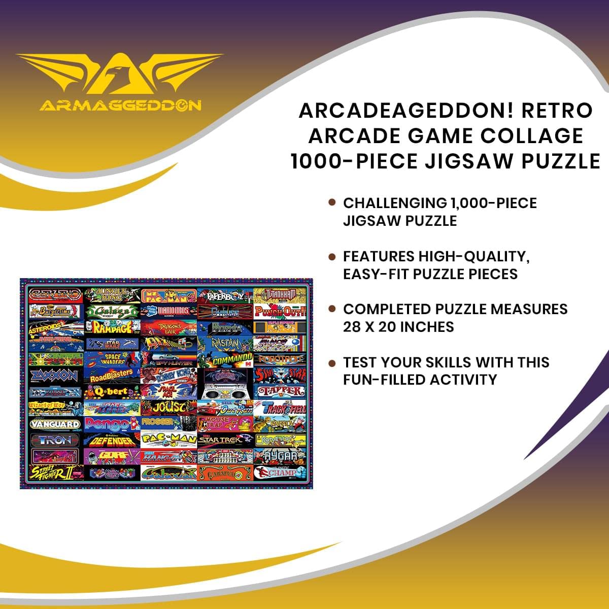 Arcadeageddon! Retro Arcade Game Collage Puzzle for Adults and Kids | Difficult 1000 Piece Jigsaw Puzzle, '80s Toys & Games | Interactive Brain Teaser, Fun Quarantine Gifts | 28 x 20 Inches Toynk