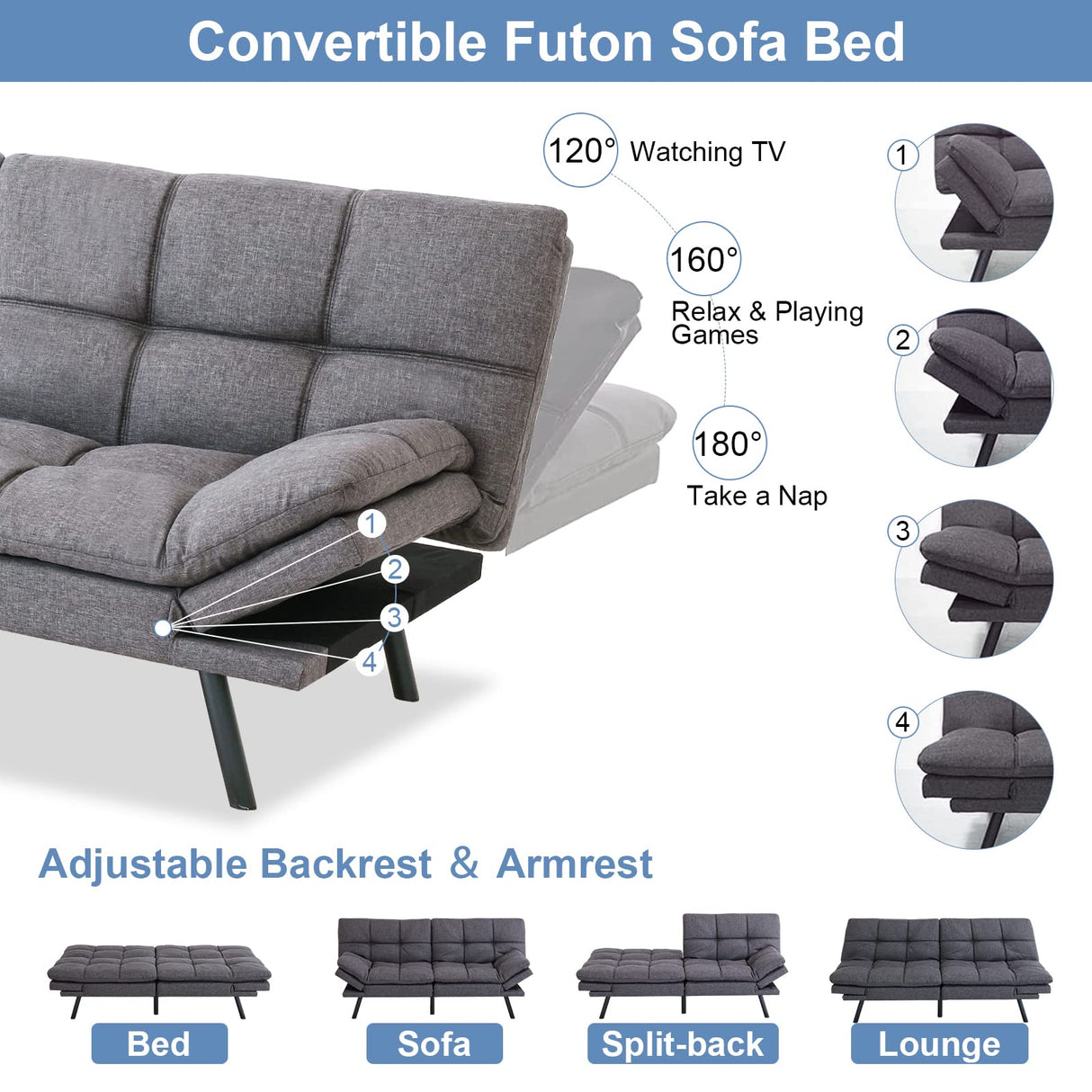 MUUEGM Futon Sofa Bed Memory Foam Futon Sofa Bed Convertible Sleeper Couch Bed,Modern Futon Couch Love Seat w/Adjustable Armrests,for Living Room Compact Spaces Offices Apartment,Studio,Grey MUUEGM