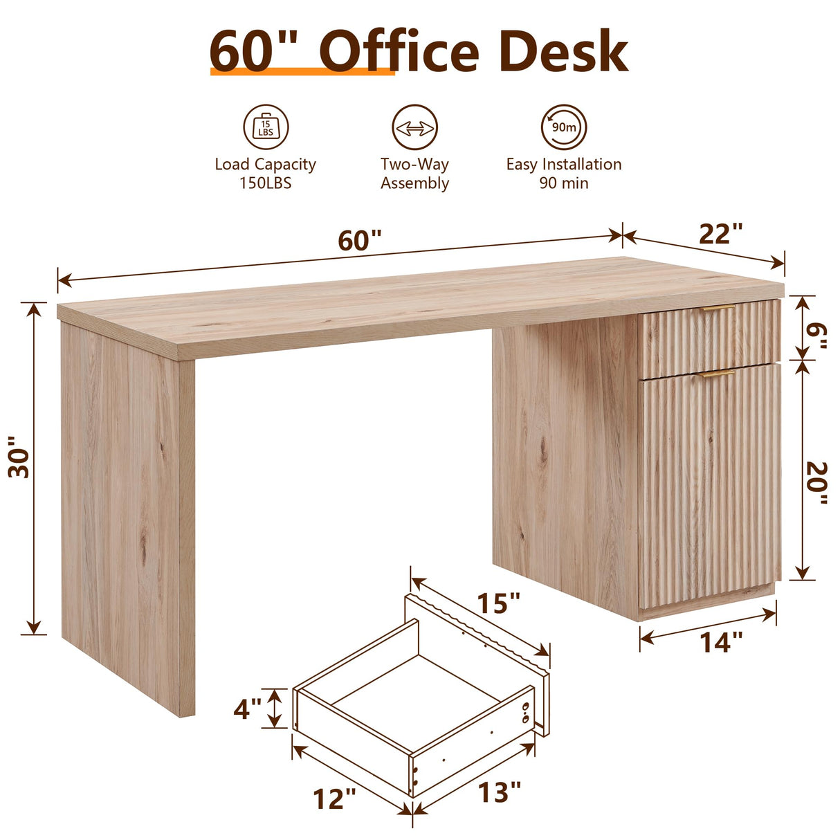 JXQTLINGMU 60" Modern Executive Desk with Storage, Wood Home Office Desk with Drawer & Cabinet, Fluted Computer Writing Desk for Study, Living Room, Bedroom, Antique White JXQTLINGMU