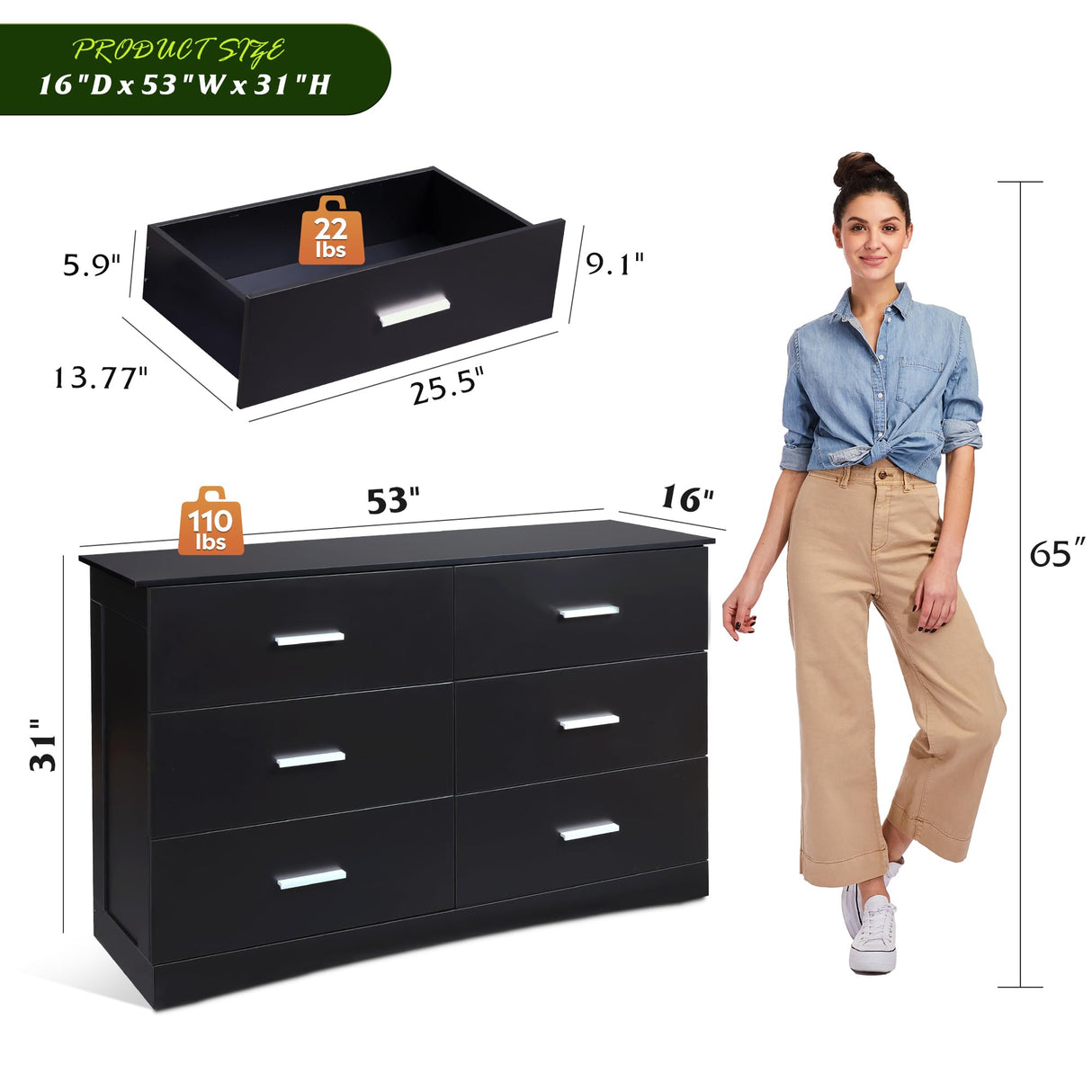 WLIVE Wood Dresser for Bedroom, Wide Chest of Drawers with 6 Drawer, Oak Furniture Large Storage Tower Unit, Closet Store Organizer for Living Room, Hallway, Long Nightstand, Modern Minimalist Black WLIVE