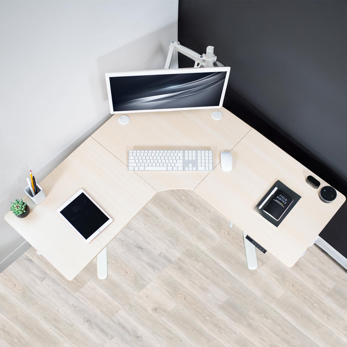 VIVO Electric Corner L-Shaped 47 x 47 in Standing Desk, Memory Height Adjustment, Light Wood Top White Frame, DESK-E1L94C VIVO