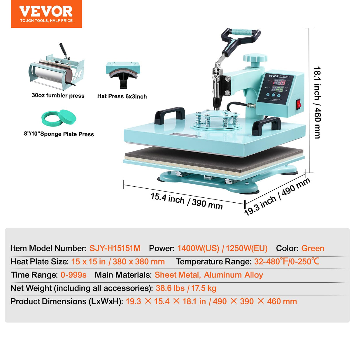 VEVOR Heat Press Machine, 5 in 1 Heat Transfer Machine with 30 oz Tumbler Press, 15 x 15 inch, 360° Swing Away T-Shirt Pressing, Digital Precise Control, for T-Shirts/Mugs/Hats/Plates, Green VEVOR