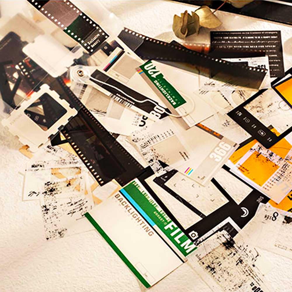 CraftBloom 94PCS Movie Film Scrapbook Paper for Journaling Supplies, Strip Photo Frame for Scrapbooking Kit, Waterproof PET Washi Quote Stickers for Bullet Junk Journal Collage Planner DIY Craft CraftBloom