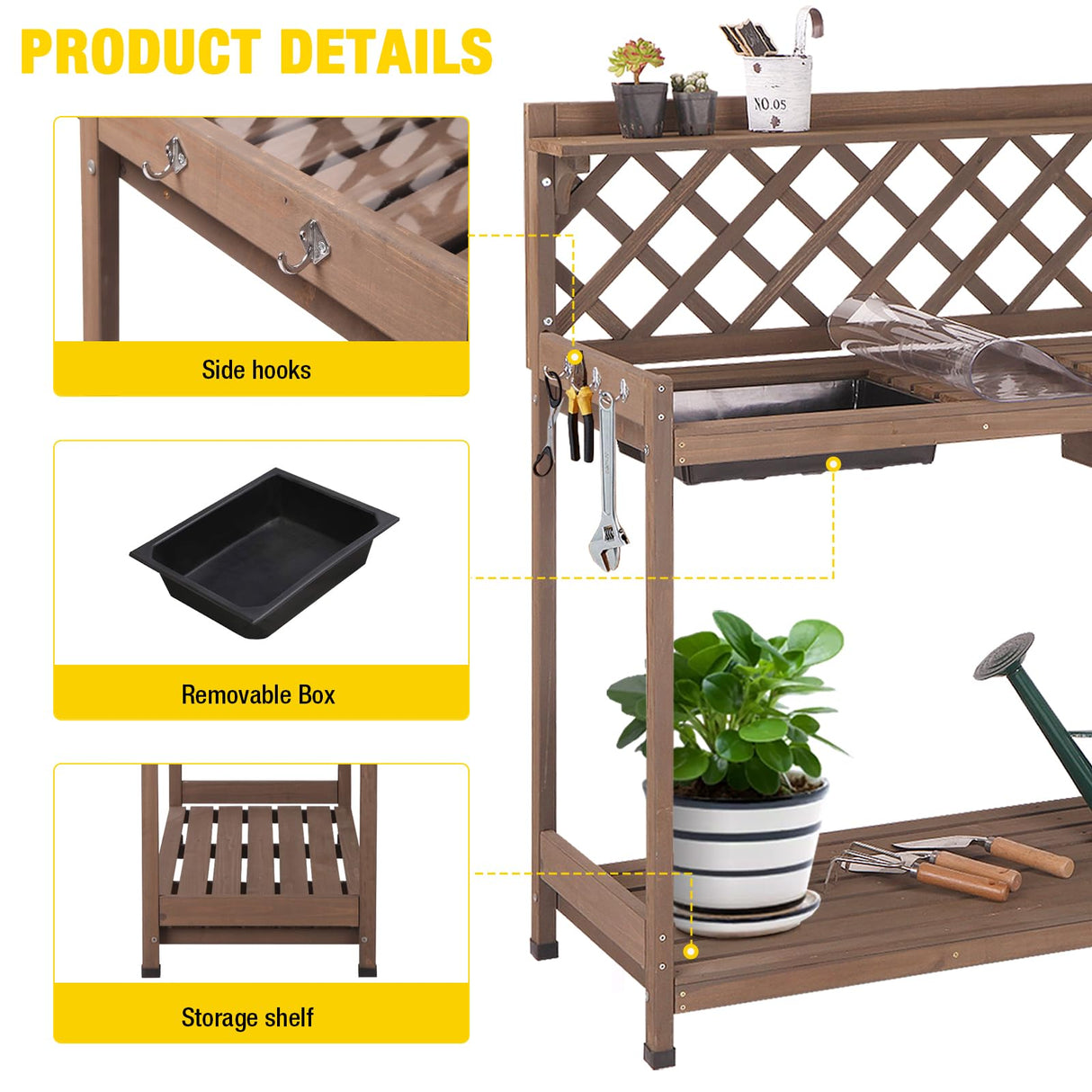 Aivituvin Potting Bench Outdoor with PVC Layer Wooden Planting Table with Sink & Lid Gardening Work Bench with Drawer, Shelf, Hook Aivituvin