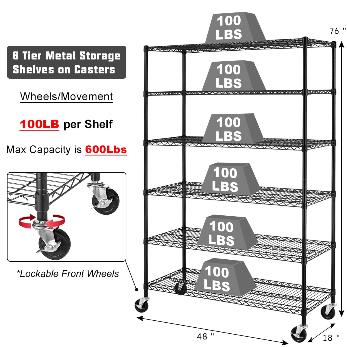 6 Tier Storage Shelves, 5999 Lbs Capacity Metal Shelf with Wheels Height Adjustable NSF Certification 48" L×18" W×72" H Heavy Duty Wire Shelving Units for Garage Pantry Kitchen Rack, Black Dlewmsyic