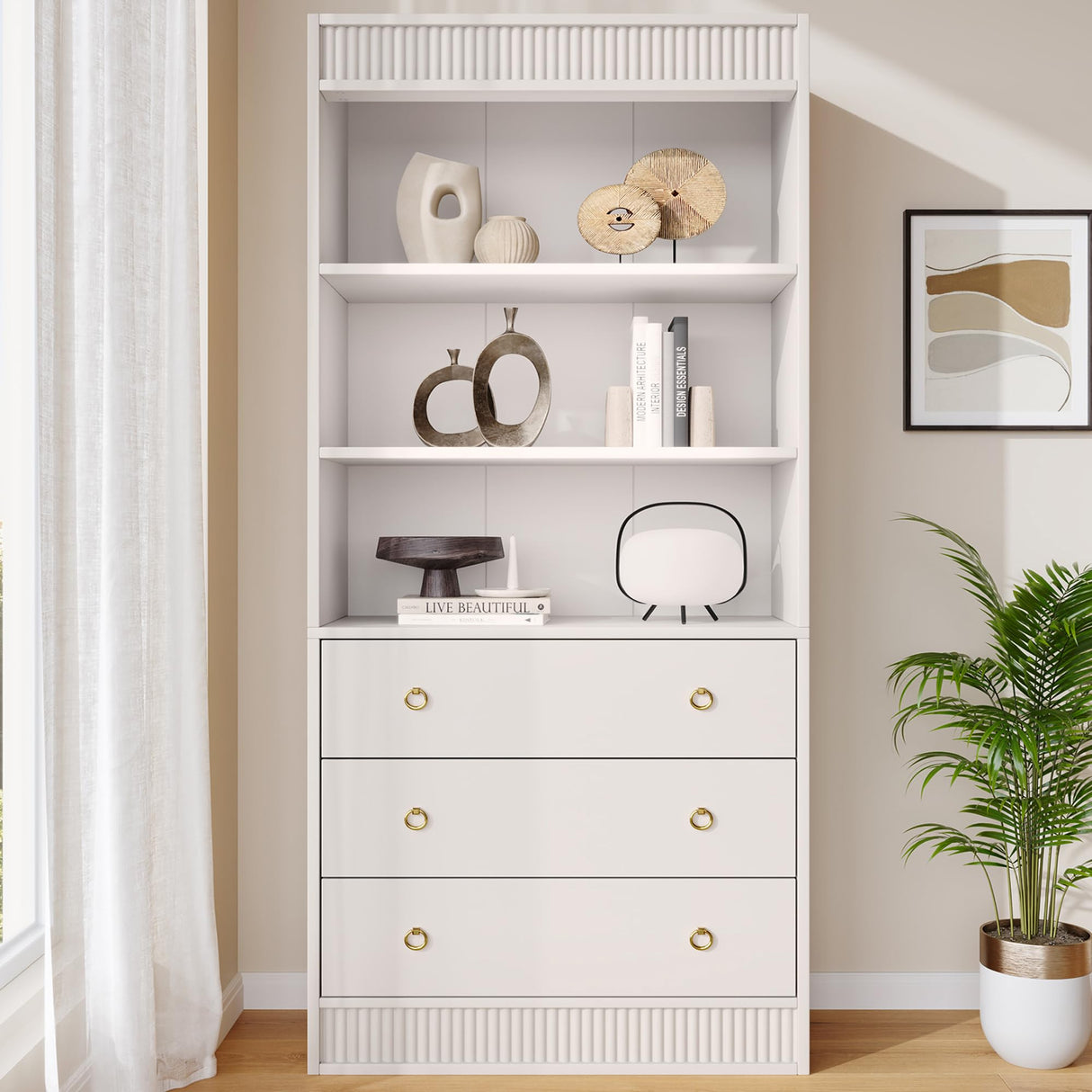 GarveeHome Bookshelf with Drawers 70.8" Fluted Bookcase, White Bookshelf 6 Tier Bookcase with Storage, Tall Book Shelf with Waved Design, Storage Cabinet with Open Shelf for Living Room Office GarveeHome