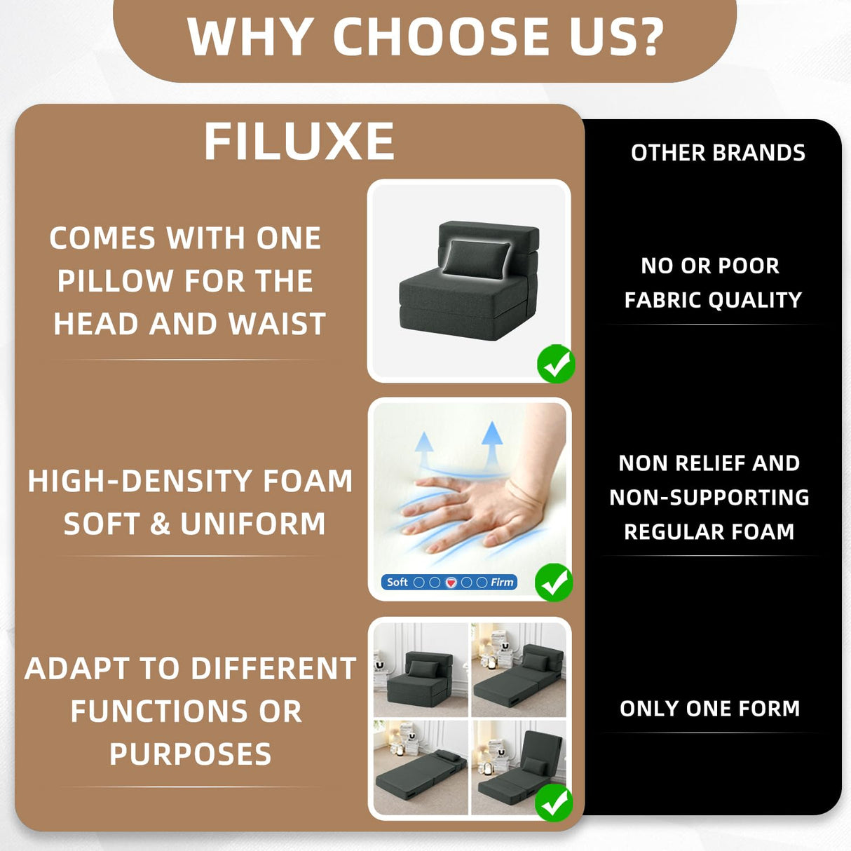 FILUXE Convertible Folding Sofa Bed - Sleeper Chair with Pillow, Modern Linen Fabric Floor & Futon Couch, Foldable Mattress for Living Room/Dorm/Guest Use/Home Office/Apartment, Single Size, Dark Gray FILUXE