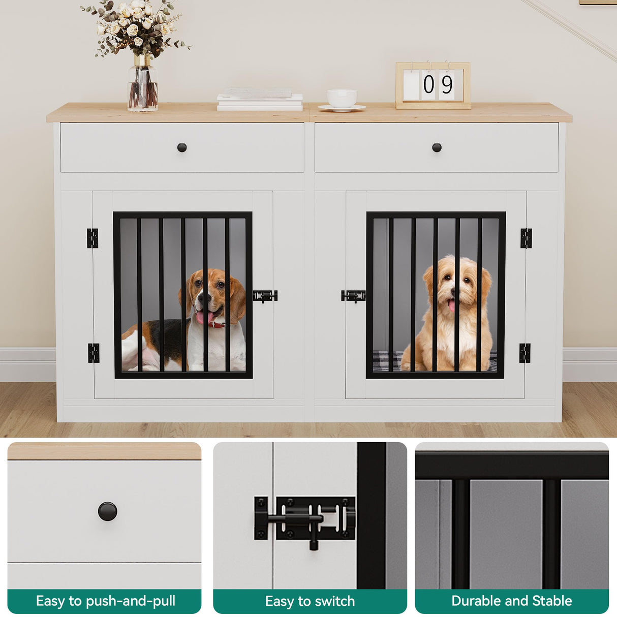 YITAHOME 60" Wooden Dog Crate Furniture with Removable Divider & Storage Drawers, Double Door Kennel with Locks for Medium and Large Dogs, Multi-Functional Dog Crate End Table for Indoor use, White YITAHOME