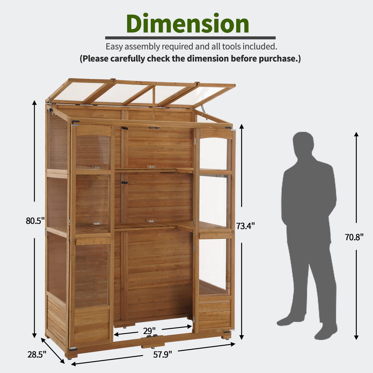 MCombo Wooden Greenhouse, Walk-in Outdoor Greenhouse with Openable Roof and Lockable Door, 0899 (Natural) MCombo