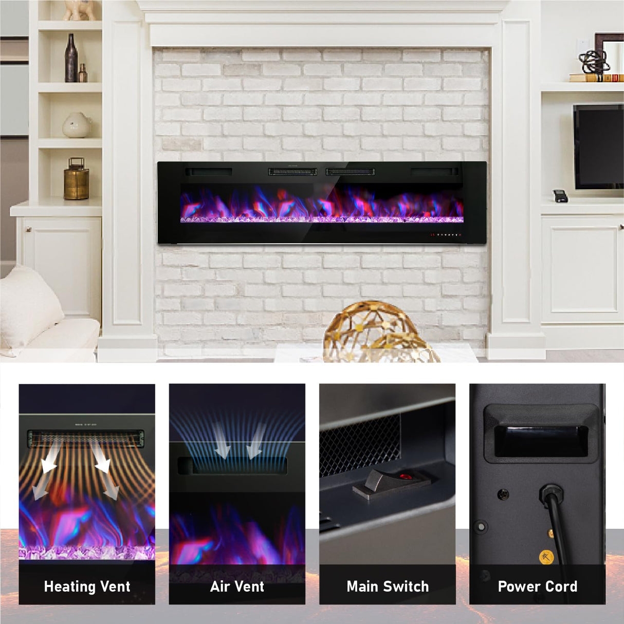 MFSTUDIO 72 inches Electric Fireplace with Remote Control & Touch Screen, Recessed and Wall Mounted Fireplace Heater, Linear Fireplace with 12 Colors Adjustable Flame Color, Timer, 750w/1500w MFSTUDIO