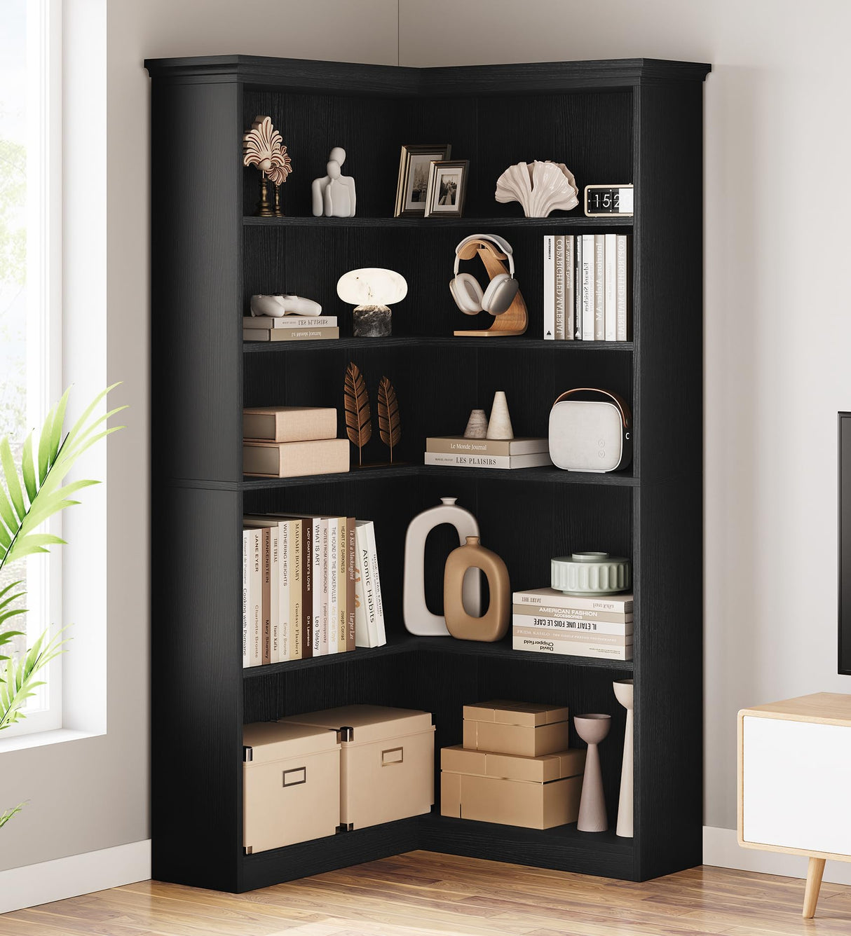 IDEALHOUSE Corner Bookshelf 72.8in Farmhouse Bookcase Large Bookshelf Wood Bookcase Tall 5 Tier Corner Shelf L Shaped Bookshelfs Storage Display Rack Living Room Bedroom (Black Full Panel) IDEALHOUSE