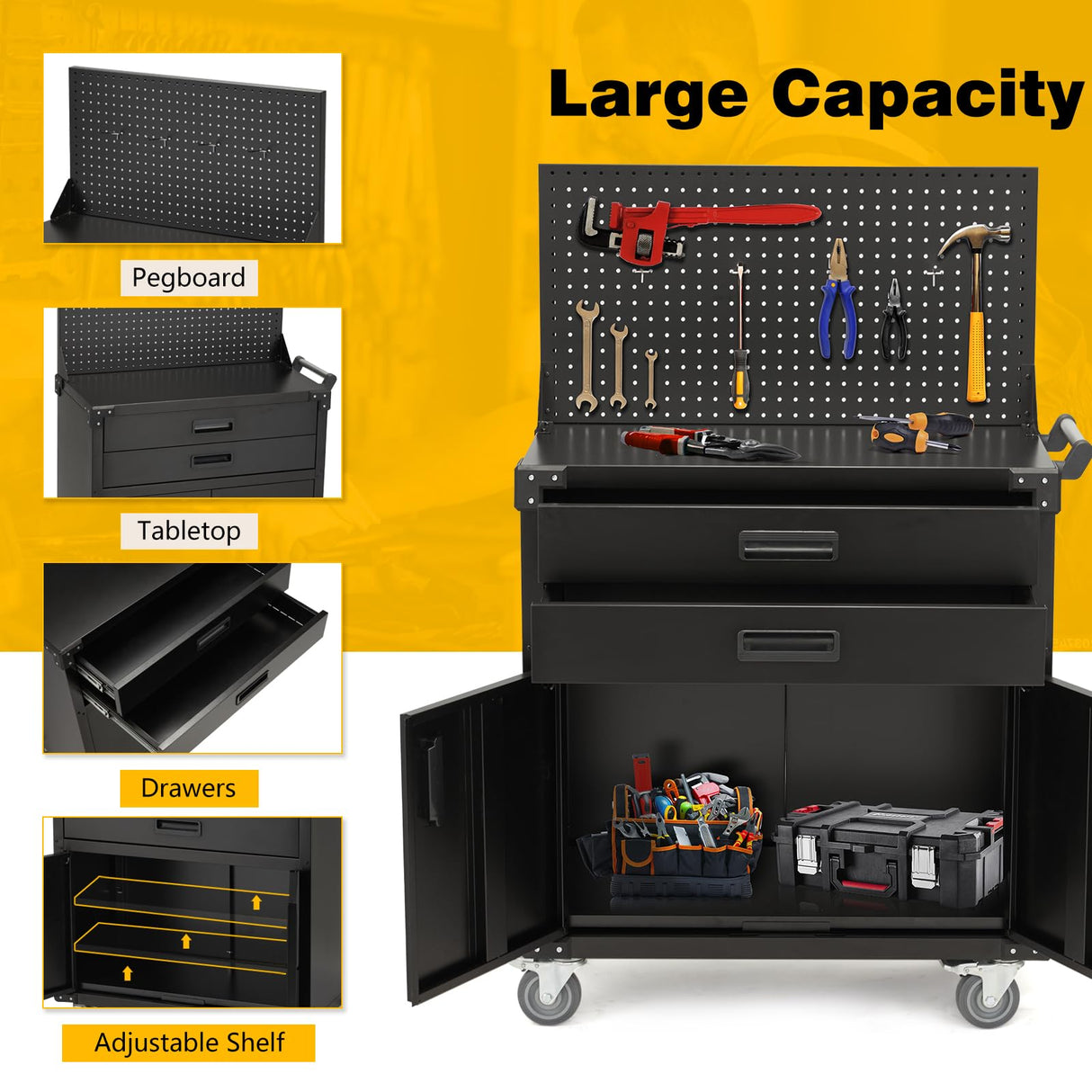 Danrelax 52" Mobile Workbench with Pegboard & Drawers - Heavy-Duty Garage Tool Bench with Lockable Storage, Cold-Rolled Steel, 4 Swivel Casters, Black Danrelax