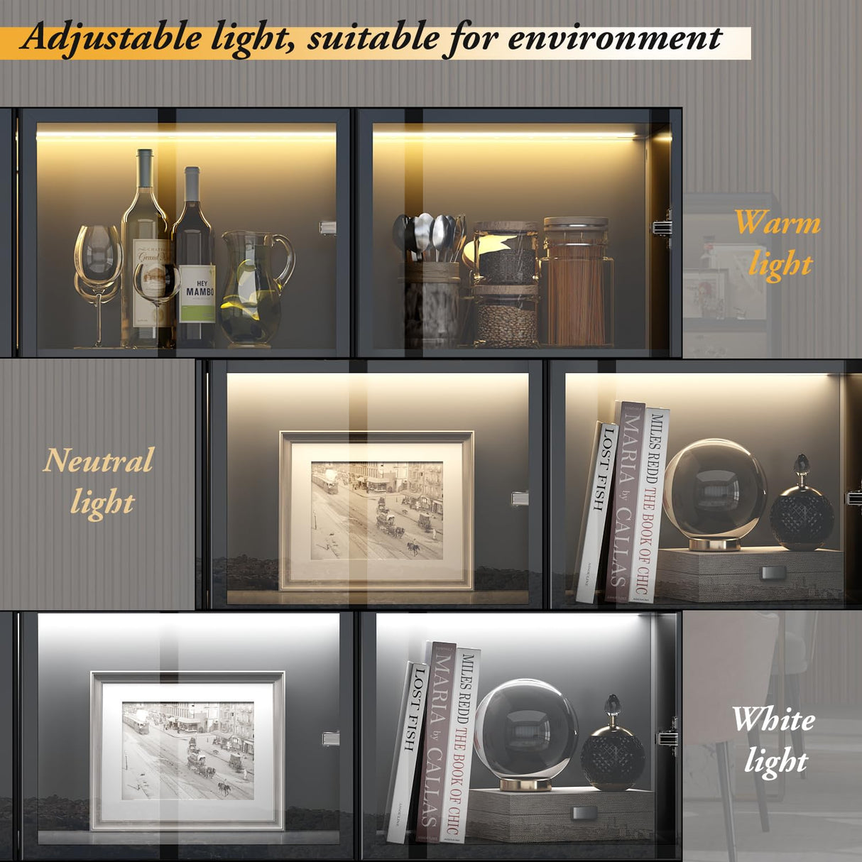 Homsee Black Bookcase with LED Lights, Storage Shelves, Drawers, and 6 Glass Doors for Home Office and Living Room Homsee