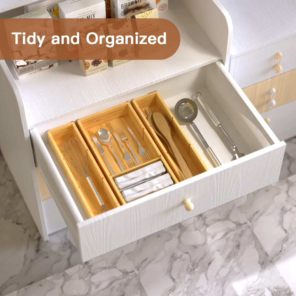 Bamboo Drawer Organizer 12.5'' X 12.5'' X 2'', Adjustable 3 Individual Junk Drawer organizer for Bathroom and Kitchen, Wood Drawer Organier Boxes for Jewellery, Make up and Tea Bag DUJEN