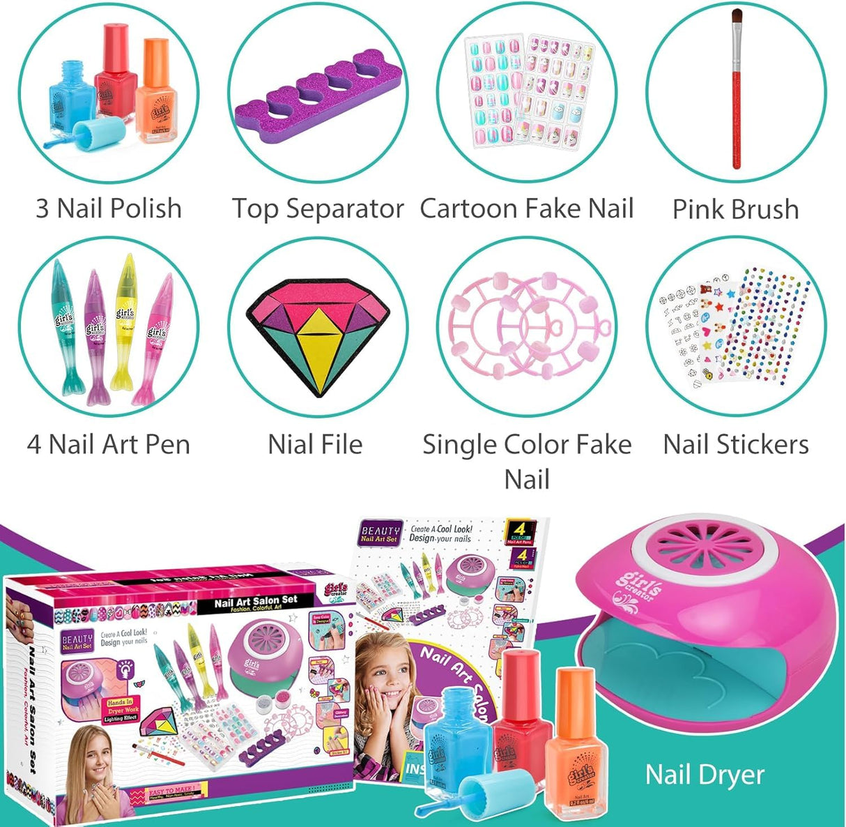 Amagoing Kids Nail Polish Set for Girls, Nail Kit for Girls Ages 7-12 with Nail Dryer, 2 in 1 Nail Pens, Sticky Cartoon Press on Fake Nail, DIY Sticker, Nail Set Play Salon Birthday Christmas Gift Amagoing