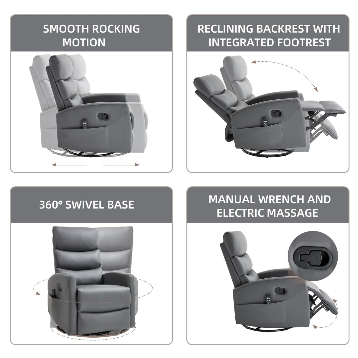 PELUMY Manual Recliner Chair with Heat & Vibration Massage, 360° Swivel Rocker Recliner with 155° Recline and Lumbar Heat, Compact Recliner for Living Room & Small Spaces (Breathable Leather, Grey) PELUMY