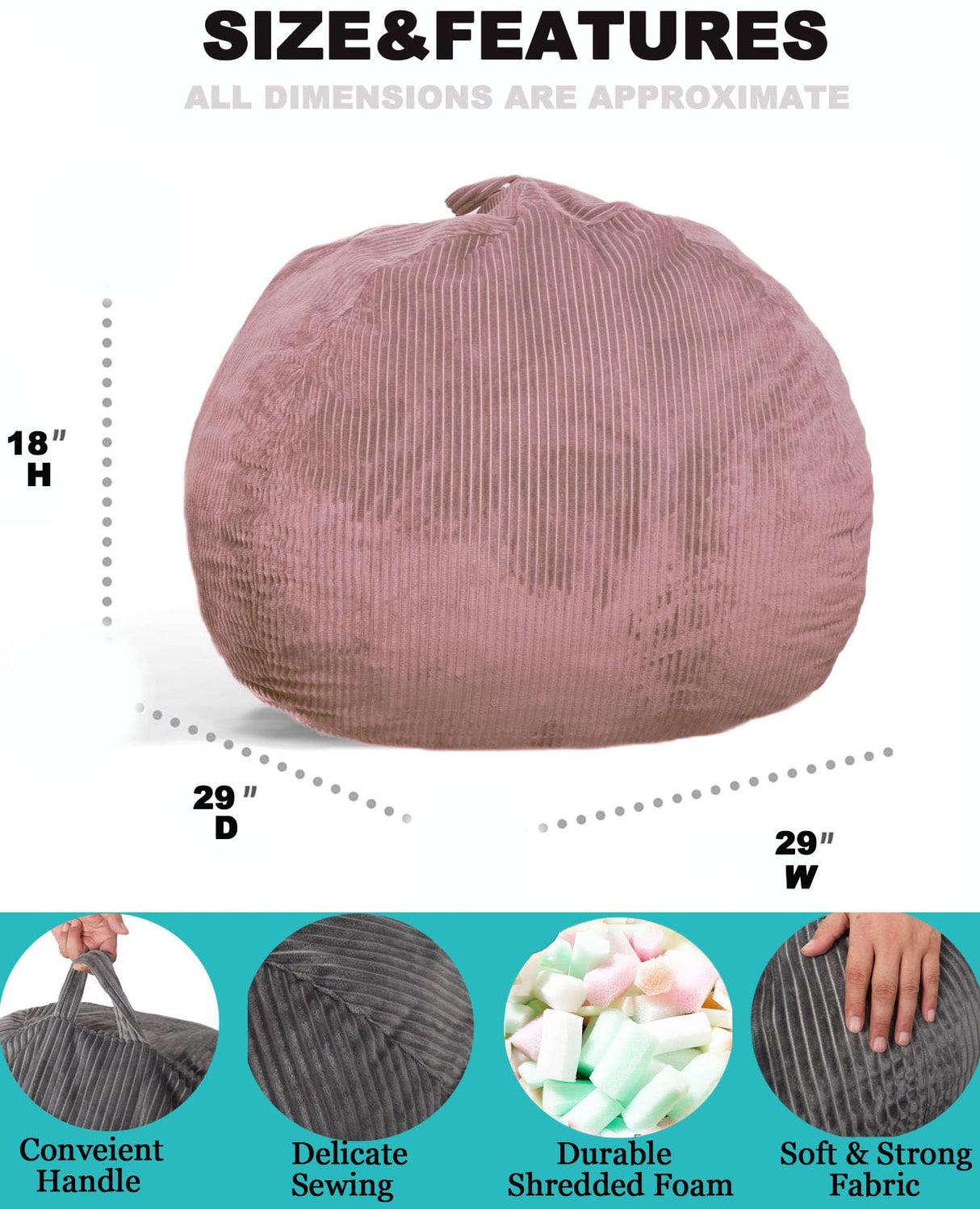 Classic Bean Bag Chair, with Faux Rabbit Fur Cover for Teens and Kids, Memory Foam Bean Bag Chairs, Ultra Soft Faux Fur Fabric, 2.5 feet Round Fluffy Bean Bag Sofa Kisoy