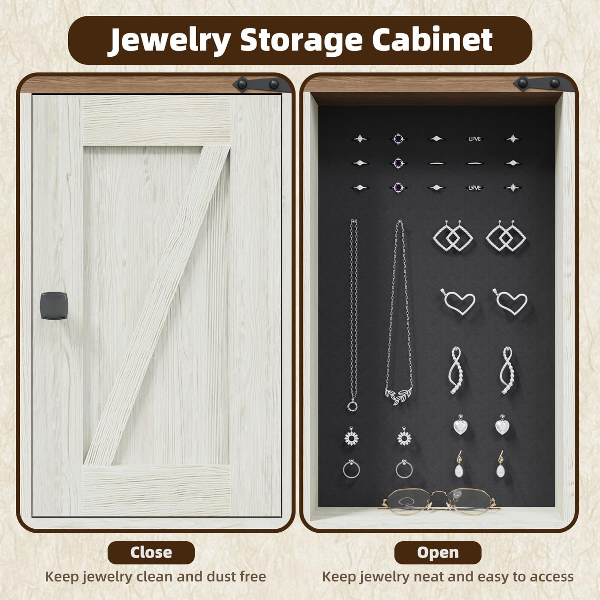 EROMMY 42" Farmhouse Makeup Vanity Desk with Lighted Mirror & Power Strips, Vanity Table with Sliding Barn Door, Open & Hidden Shelves, Drawers, Jewelry Cabinet, White Dressing Table, Light Adjustable EROMMY