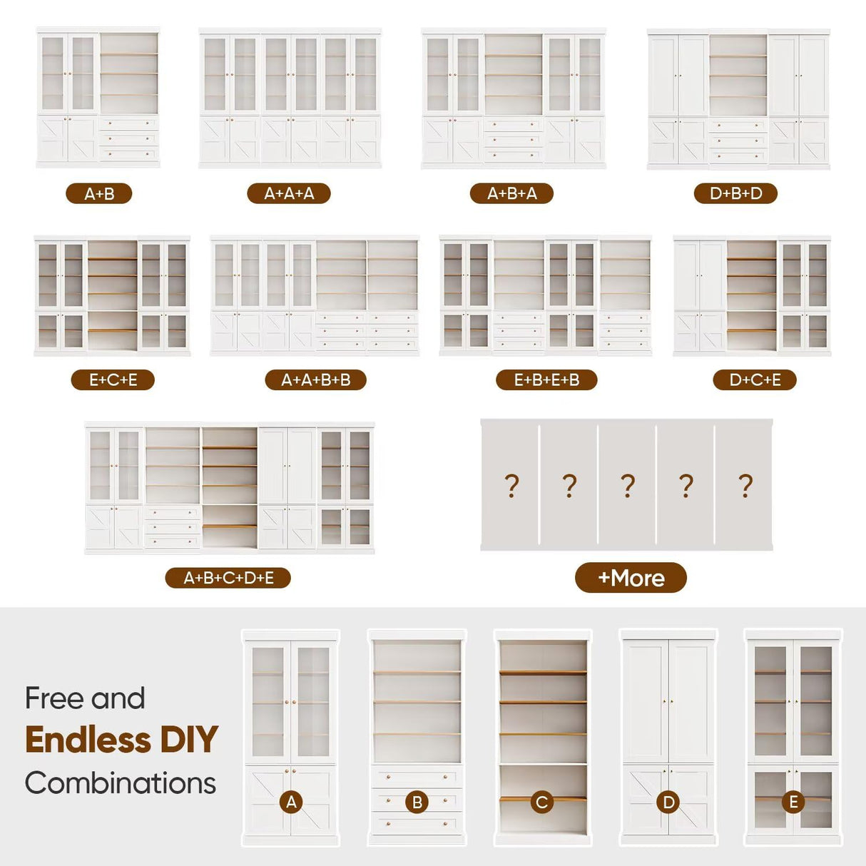 Vyre 70.8" Tall White Bookshelf, Farmhouse Modular Bookcase with 6-Tier Adjustable Shelves, Large Storage Cabinet for Home Office, Living Room, Set of 4 Vyre