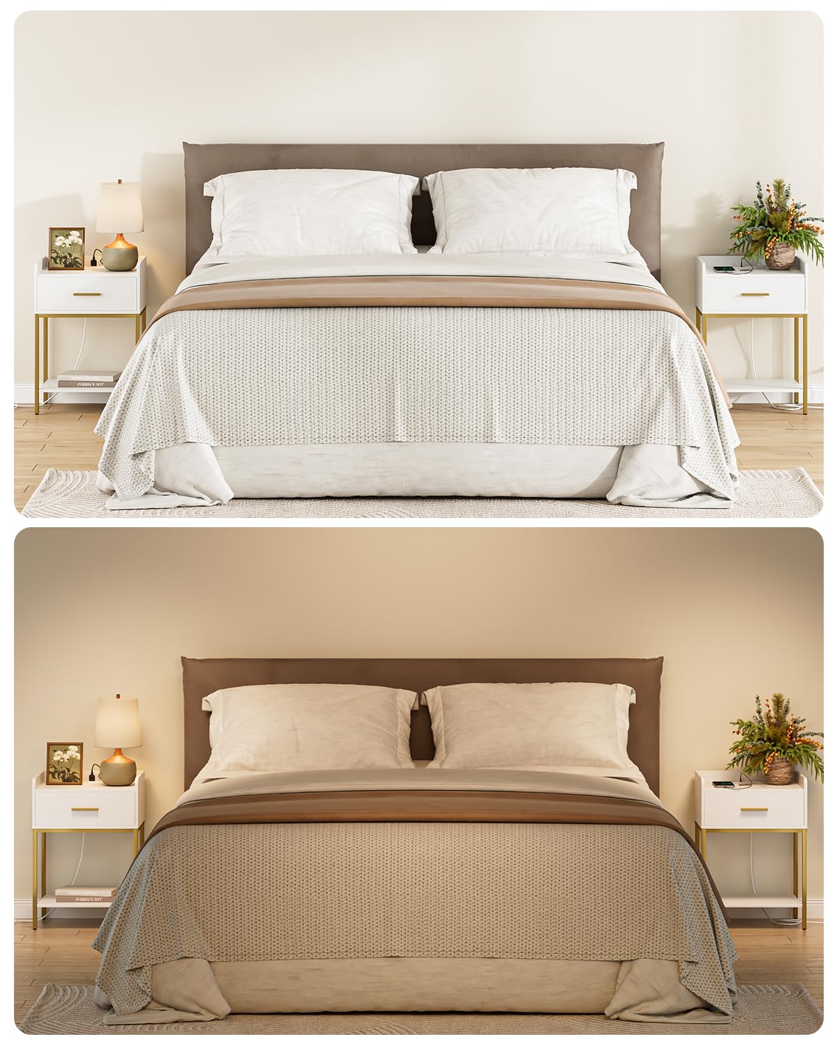 AEPOALUA Nightstand with Charging Station,Bedside Table with Drawer and 2 Shelf Storage, Small Side Table, Modern White Night Stand, Tall End Table for Bedroom, Living Room (White-Gold Legs) AEPOALUA