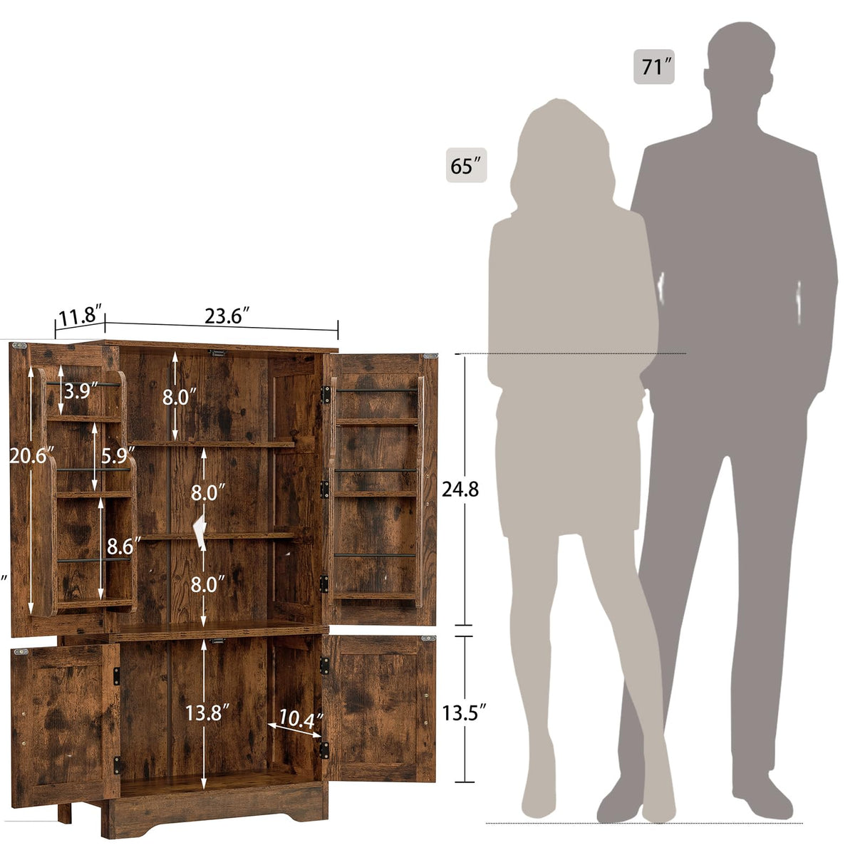 usikey Storage Cabinet with 4 Doors, 43.3" H Farmhouse Kitchen Cabinet with 6 Door Shelves, Kitchen Pantry with 3 Adjustable Shelves, for Living Room, Rustic Brown usikey