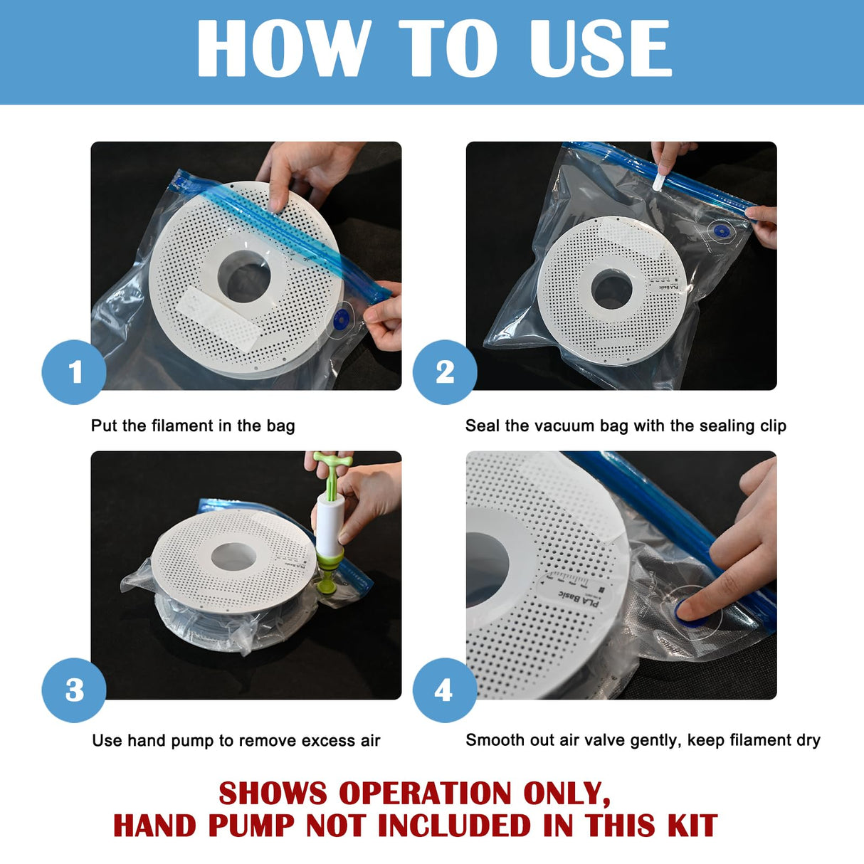 3D Printer Filament Vacuum Storage Bags Kit, TIOPY 10 Thicken Spool Storage Sealing Bags with 10 Desiccant and 2 Seal Clip, 11.8x13.4 in, Keep Filament Dry, For PLA/PETG/TPU/ABS 1.75 mm, No pump TIOPY