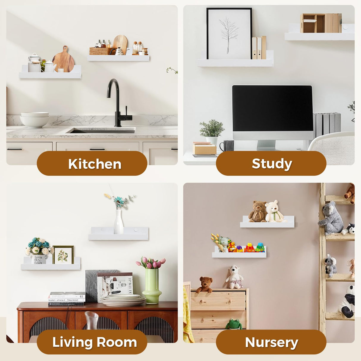 Muzilife 12" Small Floating Wall Ledge Shelves with Lip - Set of 2 Wood Floating Shelves - White Wall Mounted Picture Ledge for Office, Bathroom, Bedroom, Living Room, Kitchen Muzilife