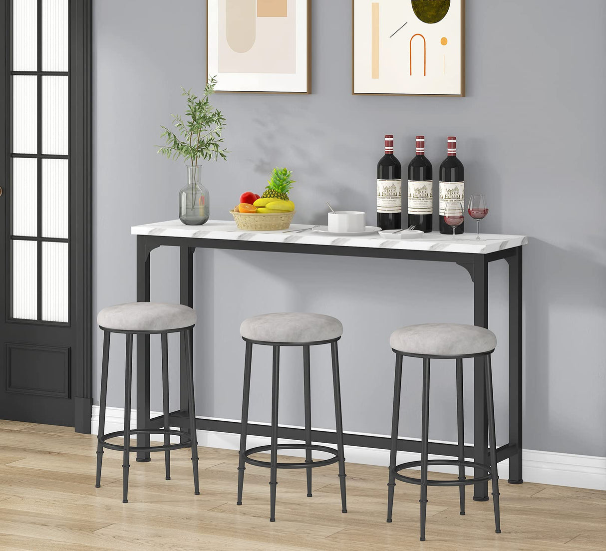 HOMYSHOPY 4-Piece Bar Table Set with 3 Stools – Modern White Marble & Black Steel Console for Small Spaces HOMYSHOPY