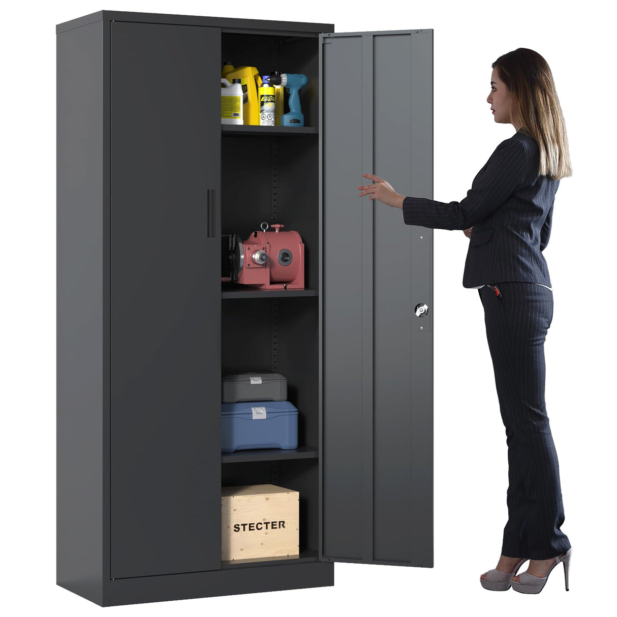 BIZOEIRON Metal Storage Cabinet with Adjustable Shelves, Garage Cabinet with 2 Lockable Doors for Office, Home, Garage, Require Assembly, Black BIZOEIRON