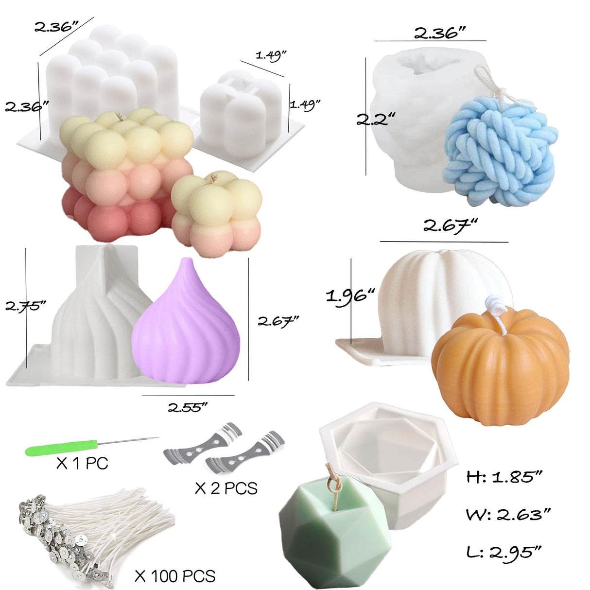 6pcs Silicone Candle Making Molds Kit Set, 3D Silicone Mold for Baking Desser, Soy Wax, Soap Geometric Pumpkin Shapes Yarn Ball Bubble Cube Molds DIY Scented Candle Giliger