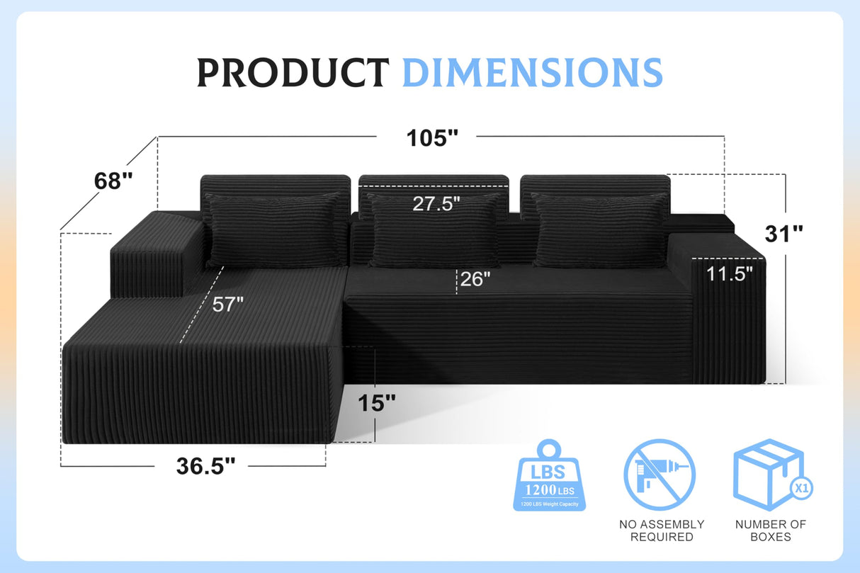 Modular Sectional Couches for Living Room,105" Cloud Couch with L-Shape Chaise,Comfy Sofa Living Room Sofas with Deep Seat,No Assembly L Couch,Corduroy Fabric(Black,L) Homguava