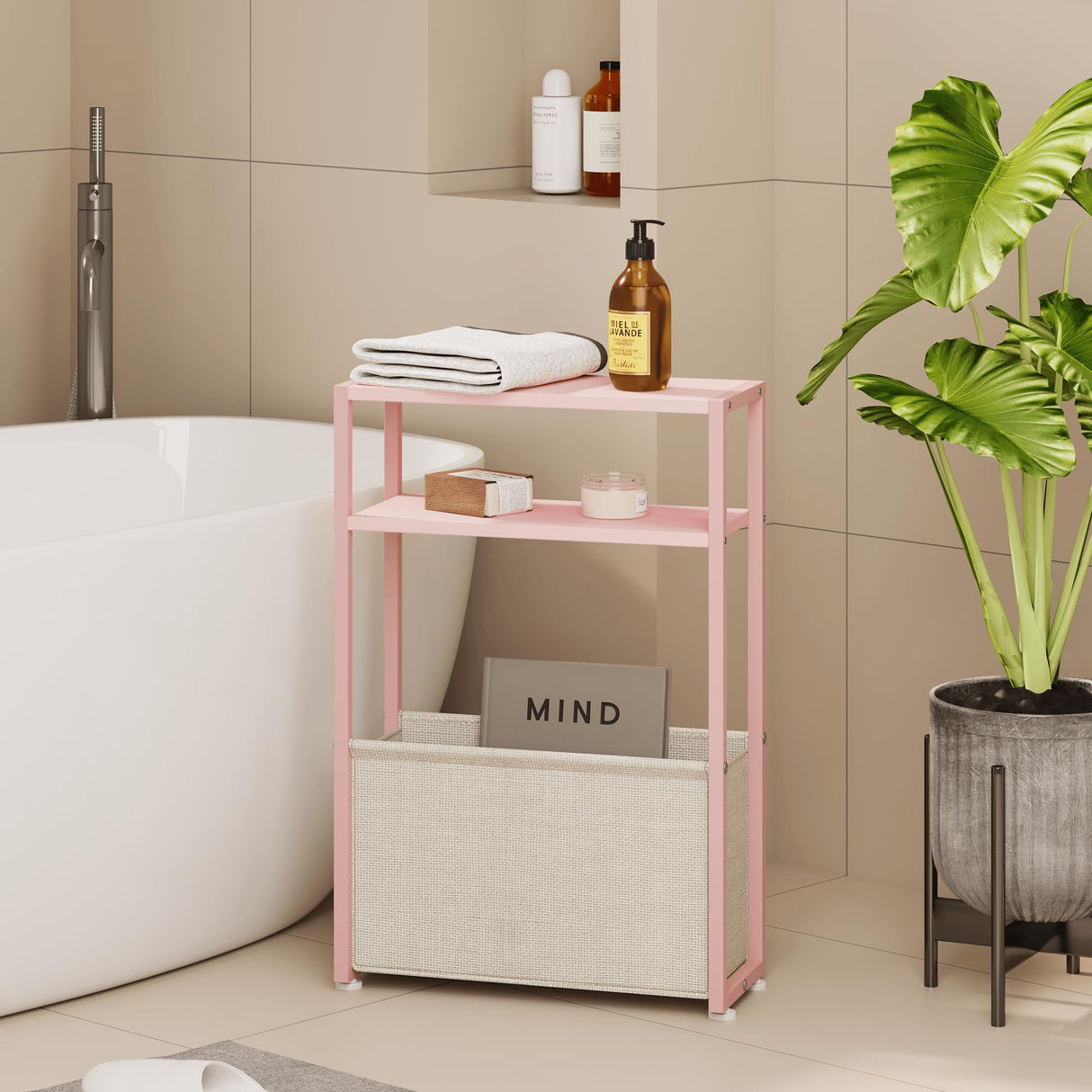 Leomonio Narrow Side Table, Slim End Tables with Fabric Basket, Skinny Table for Small Spaces, Thin Bedside Table for Living Room, Bedroom (1, Jelly Pink + Cream White) Leomonio