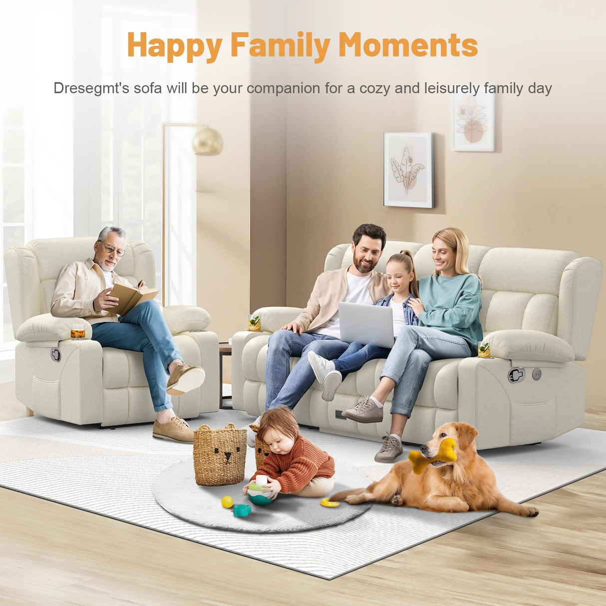 Dresegmt Loveseat Recliner Sofa Set, Flip Middle Backrest Design PU Leather 3 Seater Reclining Sofa and Single Oversized Recliner Chair, Manual Couches for Living Room (Ivory, PU 3+1) Dresegmt