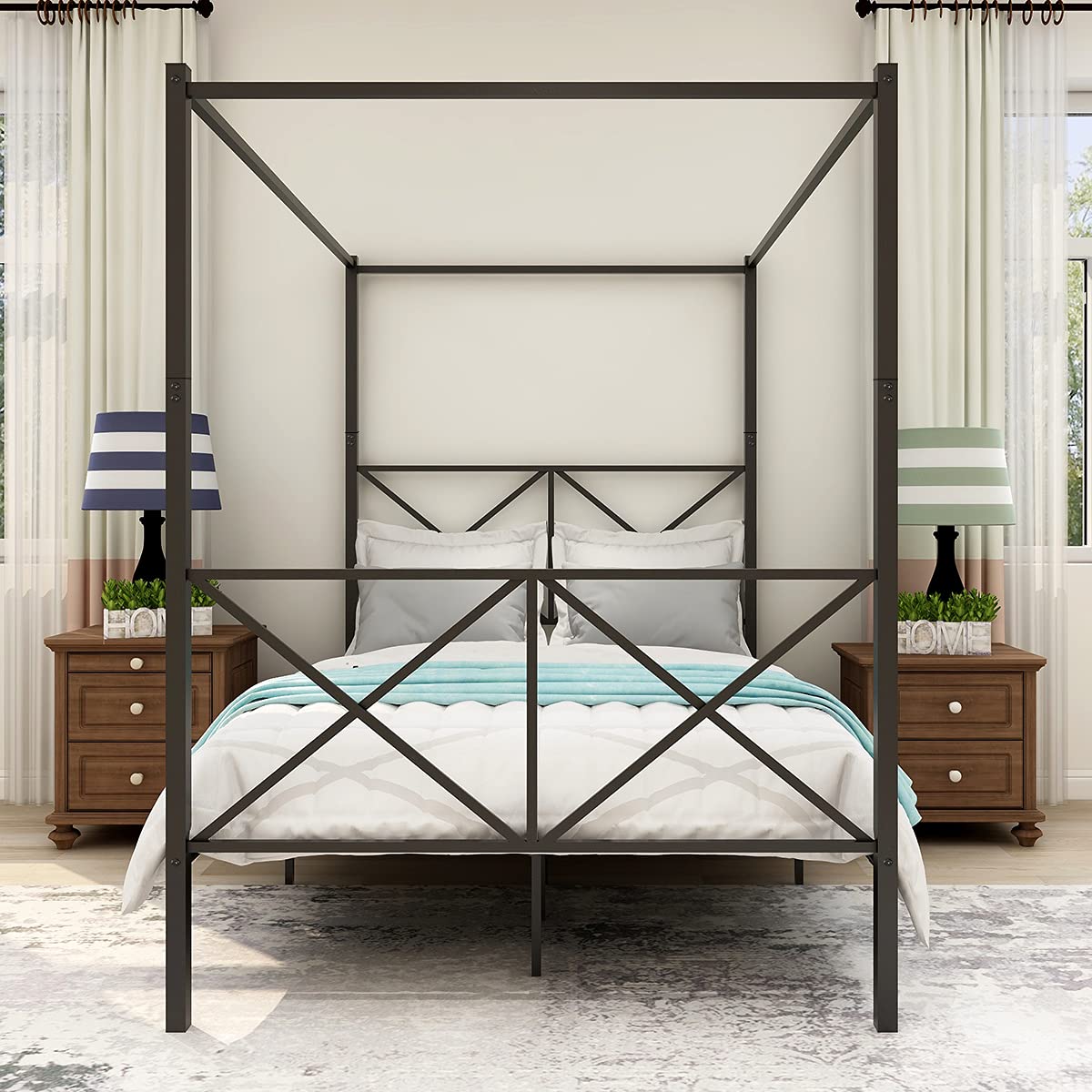 LUMISOL Metal Canopy Bed Frame Full, Four Posters Platform Bed Frame with X-Shaped Headboard and Footboard, No Box Spring Needed, Black LUMISOL