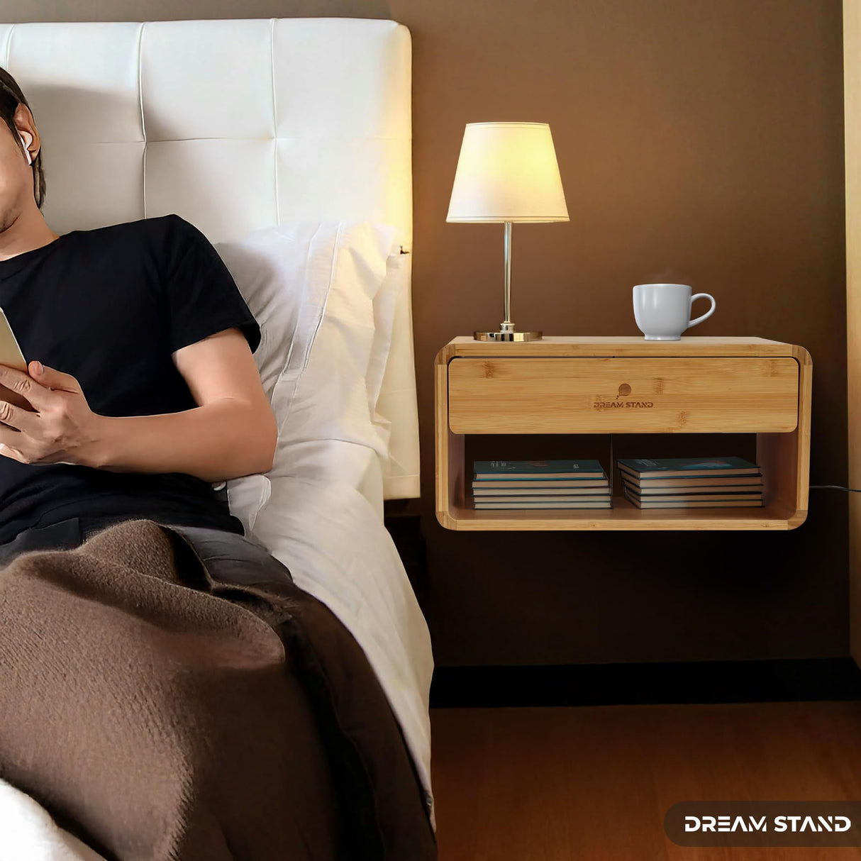 Floating Nightstand with Drawer & Charging station/Wall Mounted Bedside Table, Floating Shelf Nightstands for Small Spaces/Modern Bamboo Wall Mounted Night stand for Bedroom & Living Room/Easy Install Generic