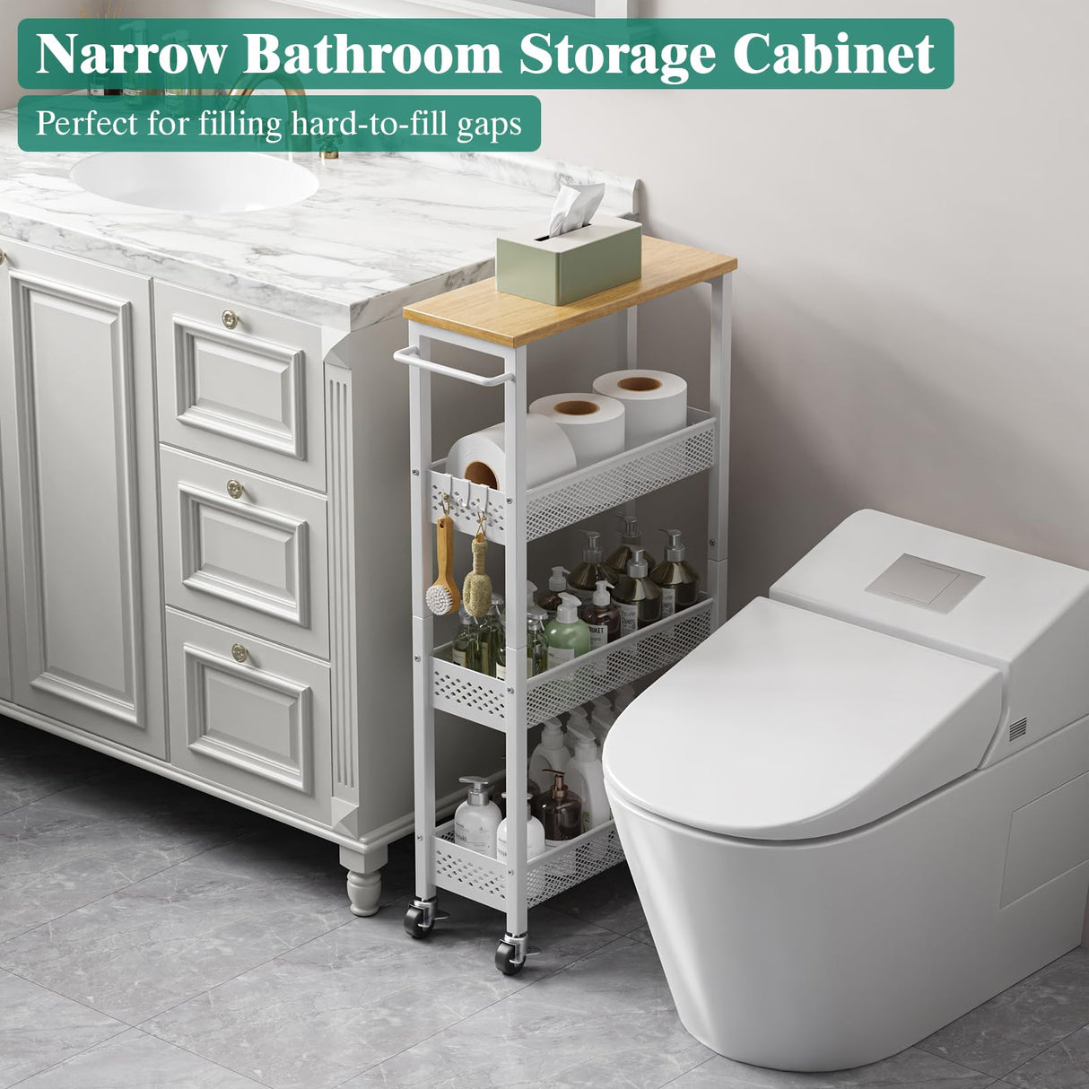 Giwil Slim Rolling Storage Cart 4 Tier Bathroom Organizer Mobile Shelving Unit Utility Cart with Wood Top and Handle for Kitchen Laundry Narrow Places, White Giwil