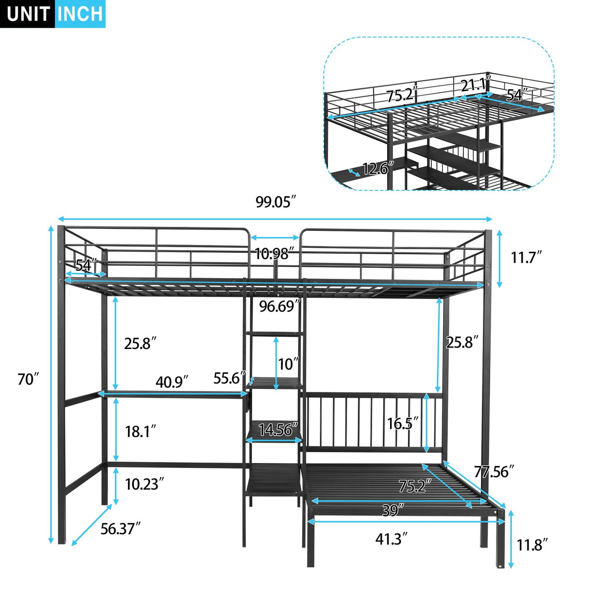 Merax Full Over Twin Metal Bunk Bed, L Shaped Loft Bed Frame with Built-in Desk, Shelves, and Ladder, Black Merax