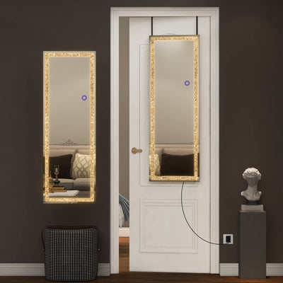 GlasFlength Door Mirror Full Length, 51"x18" LED Mirror Full Length, Diamond Mirror with Lights, Crystal Mirror Wall Mounted, LED Over The Door Full Body Mirror with Dimming & 3 Color Modes