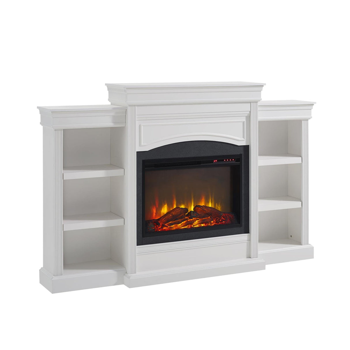Ameriwood Home Lamont 69 Inch Electric Fireplace with Mantel, Shelves, Replaceable Fireplace Insert Heater, Remote Control, Timer, Realistic Log and Flame Effect, For Living Room or Bedroom, White Ameriwood Home