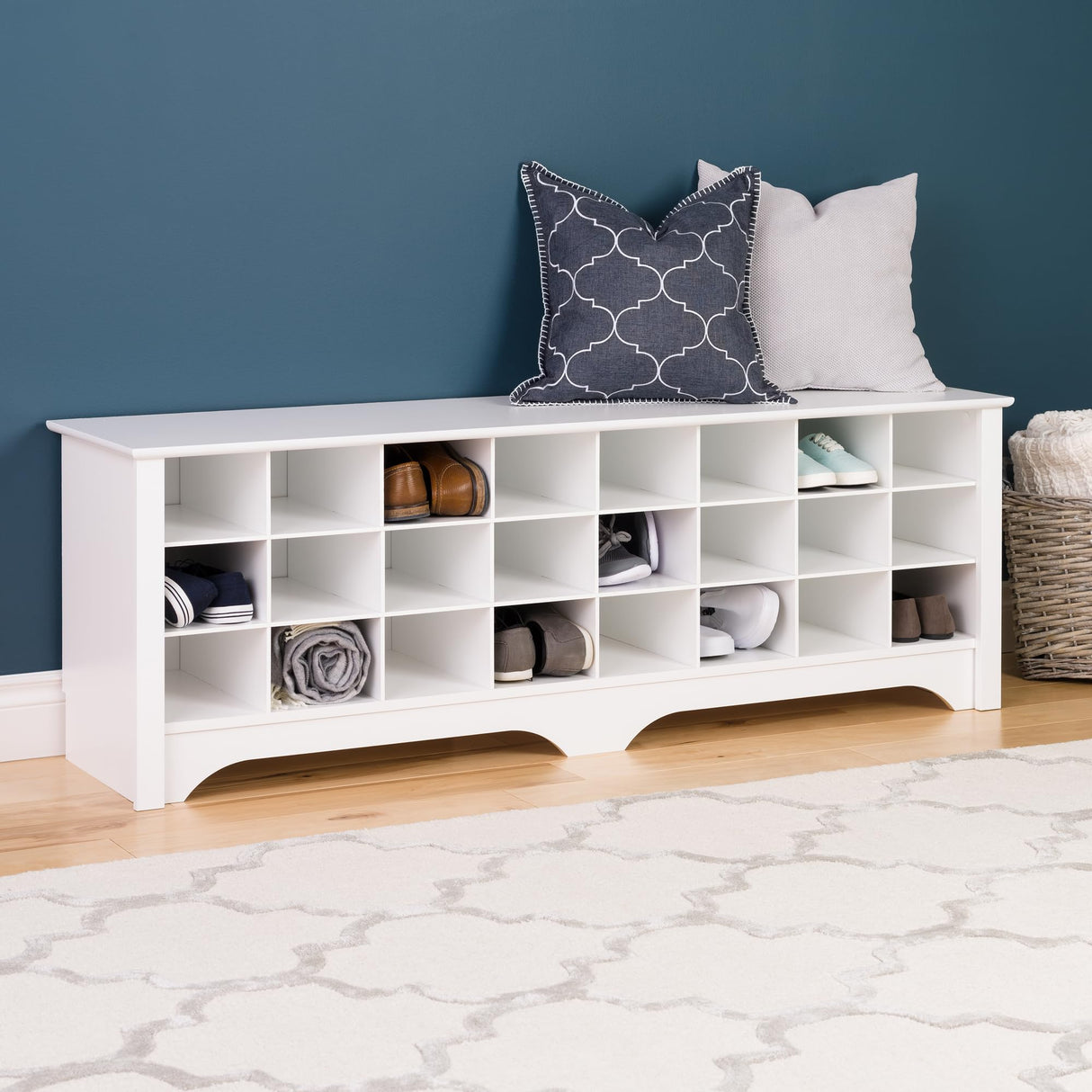 Prepac White Hall Bench with Storage and Seating: 24-Shoe Cubby Bench, Ideal White Shoe Rack for Entryway, Sized 15.5" D x 60" W x 20.25" H Prepac