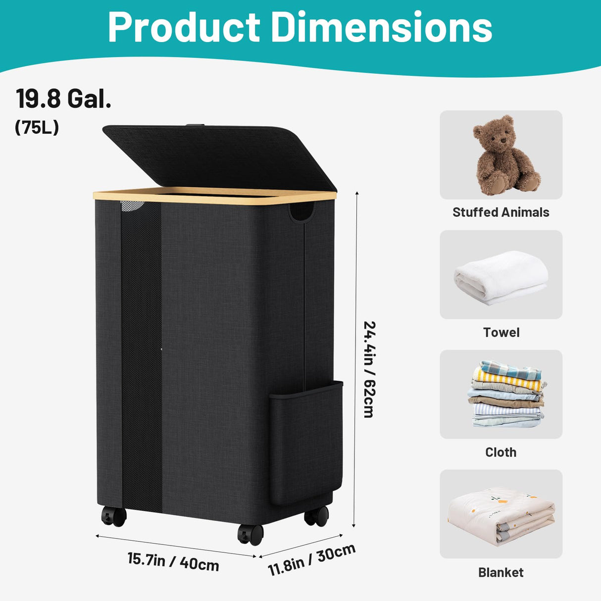 BlissTotes 75L Laundry Basket Slim Laundry Hamper with Wheels Lid, Collapsible Laundry Hampers, Laundry Bin, Clothes Hamper Basket with Internal Support & Handles for Bathroom, Bedroom (Gray) BlissTotes