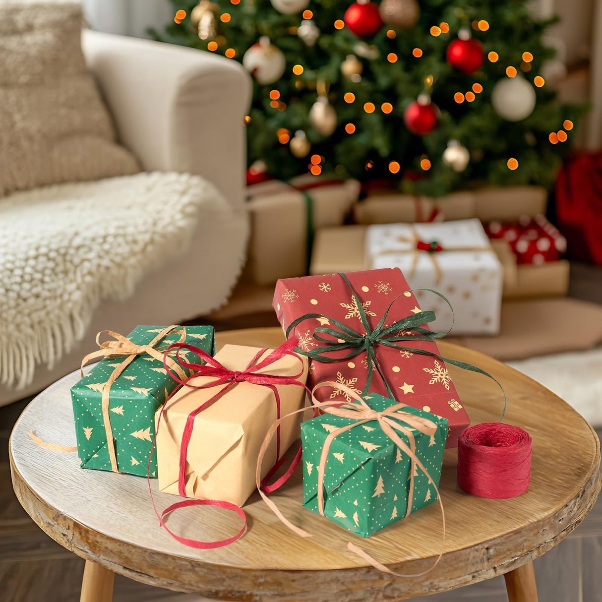 Sooez 3 Rolls Raffia Ribbon Twine String, 540 Feet Christmas Wrapping Paper for Crafts, Red Green Natural Christmas Ribbon for Gift Wrapping, Raffia Yarn for Holiday DIY Supply, 180 Feet Each Roll Sooez