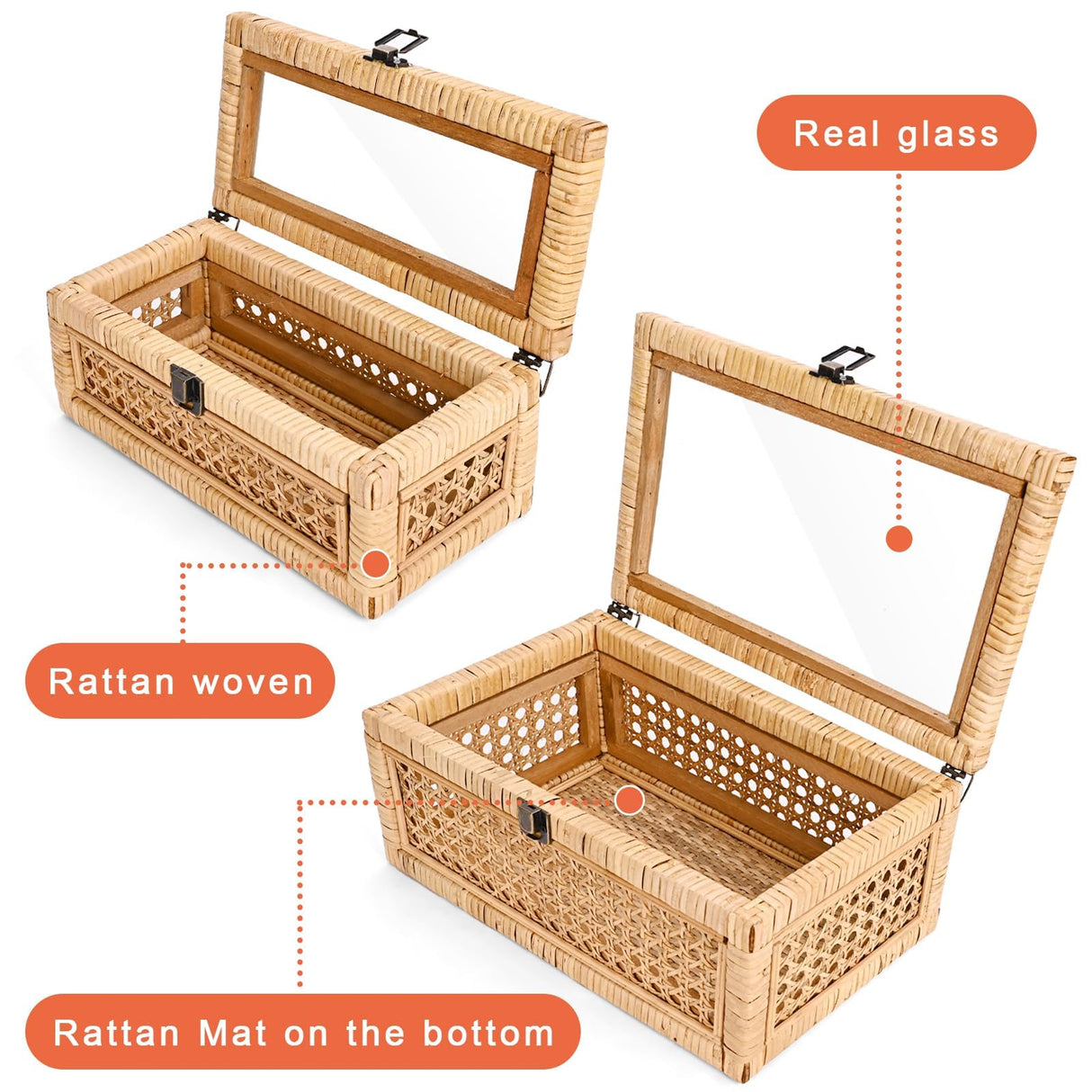 HUAXIN CRAFT H Rattan Decorative Box with Lid, Rectangular Woven with Glass for Display, Set of 2 Wicker for Decor HUAXIN CRAFT H