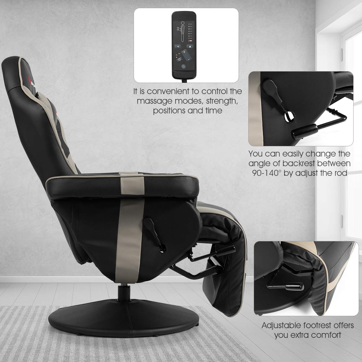 Goplus Massage Gaming Chair, Racing Style Gaming Recliner w/Adjustable Backrest and Footrest, Ergonomic High Back PU Leather Computer Office Chair Swivel Game Chair w/Cup Holder and Side Pouch Goplus