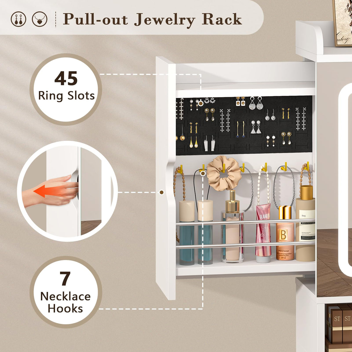 CSZZD Vanity Desk with Mirror and Lights, White Makeup Vanity Desk with Charging Station, Dressing Table with Storage Drawers, RGB Cabinets and Hidden Jewelry Rack for Bedroom, 3 LED Light Modes CSZZD