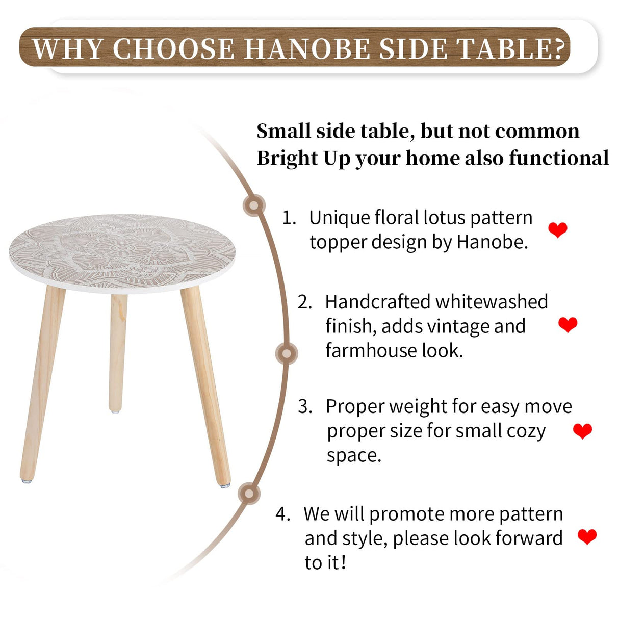 Hanobe Small Round Side Table: Boho End Tables for Living Room Bohemian Accent Bedside Table White Washed Bedroom Nightstand Farmhouse Home Decor Decorative with 3 Wood Legs, Easy Assembly Hanobe