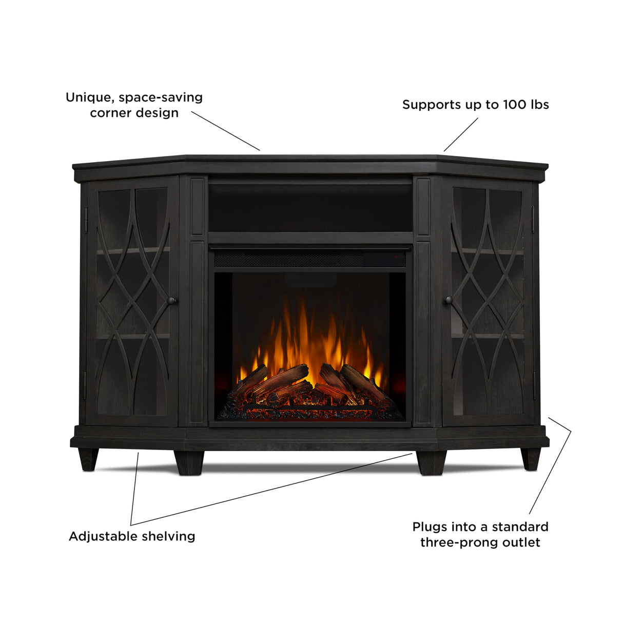 Real Flame Lynette 56" Corner Electric Fireplace TV Stand for TVs up to 55 inches, Entertainment Center with Electric Fireplace, Living Room TV Stand with Fireplace. Real Flame